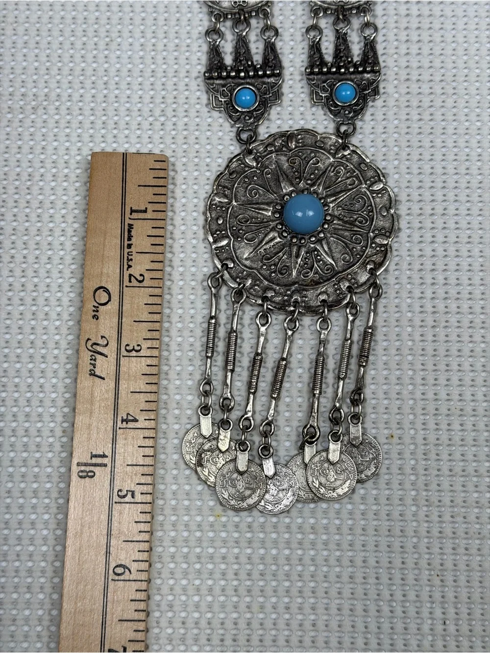 Faux Turquoise Silver-Tone Boho Medallion Native American inspired Bold Necklace